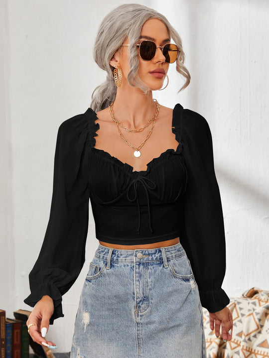 Damen Cropped-Bluse mit Rüschen und eleganten Puffärmeln R&B