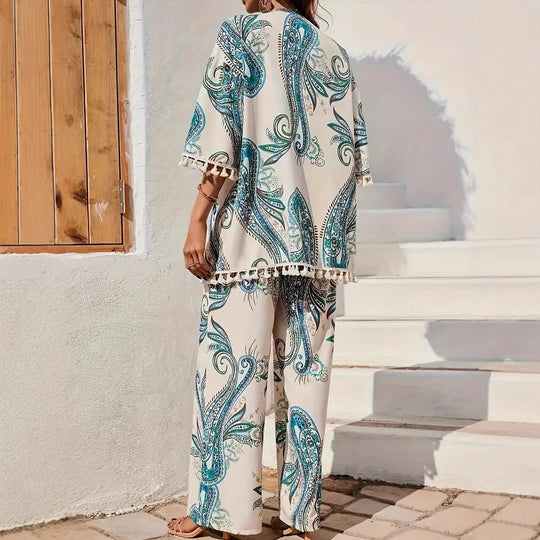 Damen Elegante Kombination aus Kimono und Hose mit kunstvollem Druck R&B