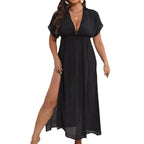 Damen luftiges Maxikleid mit tiefem V-Ausschnitt und seitlichen Schlitzen R&B