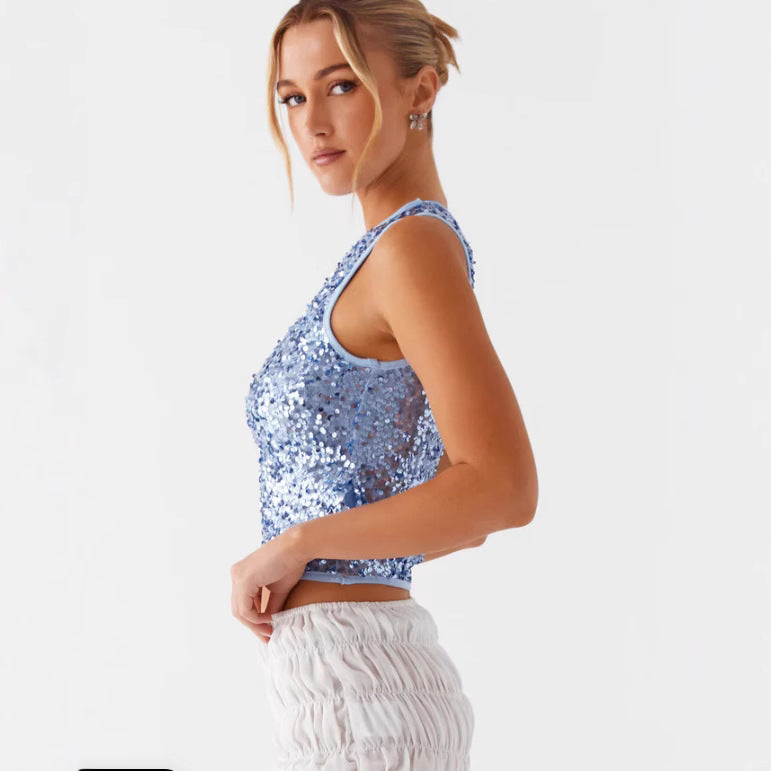 Damen Funkelndes Pailletten-Top mit Rundhalsausschnitt R&B