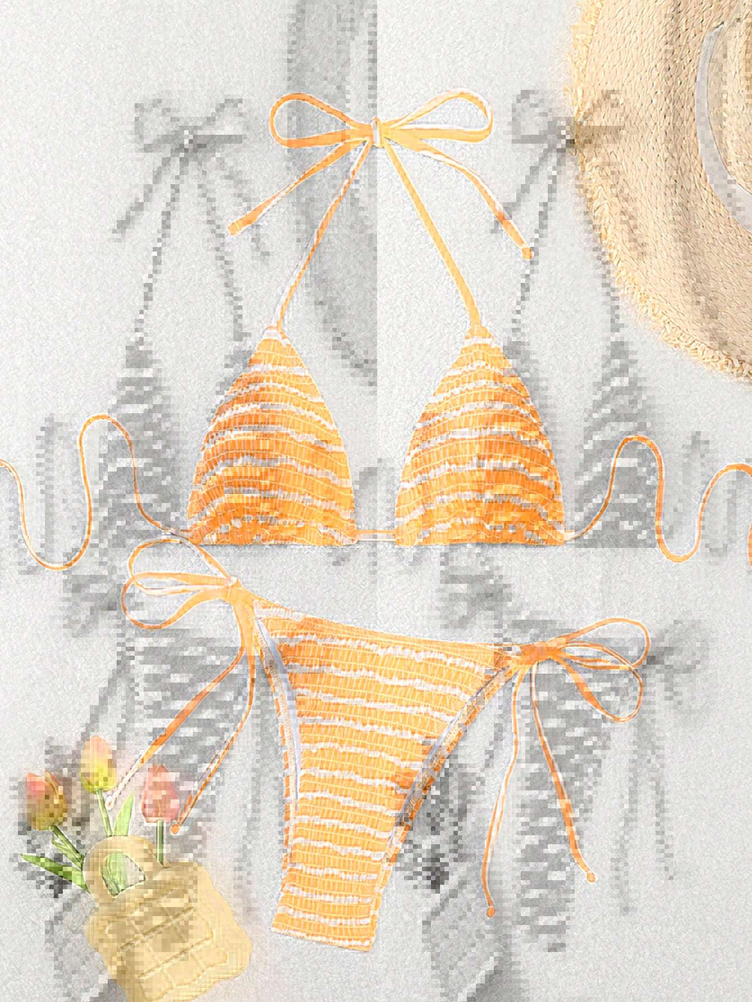 Damen Triangel-Bikini mit feinem Streifenmuster und raffinierten Bindebändern R&B