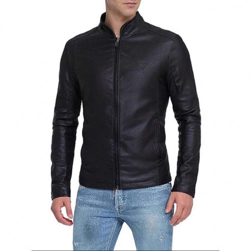 Herren Kunstlederjacke mit asymmetrischem Reißverschluss und Stehkragen