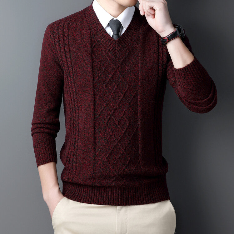Herren V-Ausschnitt Pullover im modernen Zopfmuster R&B