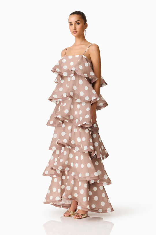 Damen Maxikleid mit verspielten Rüschen und Punkten R&B
