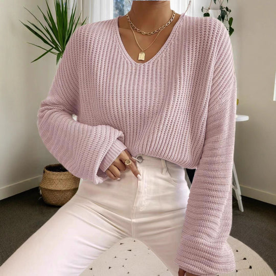 Damen lässiger Strickpullover mit weitem V-Ausschnitt und extra langen Ärmeln R&B