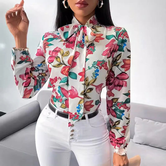 Damen Bluse mit Schleifen-Detail und floralem Design R&B