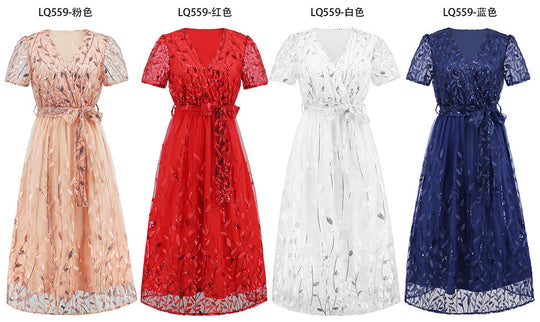 R&B | Kurzärmliges Kreuz V-Ausschnitt Gürtel Midi Kleid