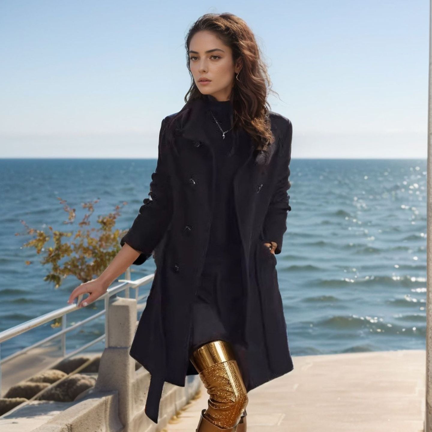 Damen modischer Kimono-Mantel mit doppelter Knopfleiste und elegantem Schnitt R&B