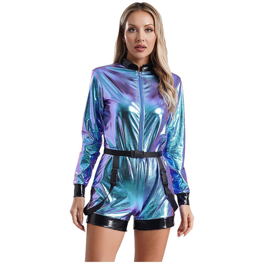 Damen Futuristischer Glanz-Jumpsuit mit Reißverschluss und abnehmbarem Gürtel R&B