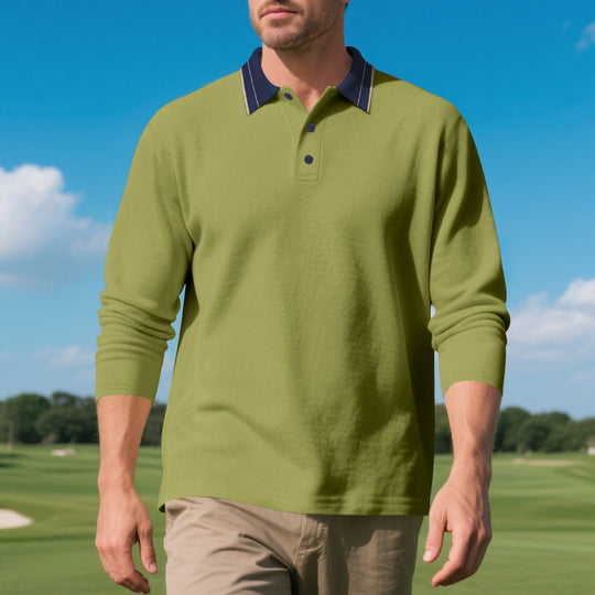 Herren elegantes Langarm-Polohemd mit kontrastierendem Kragen und modischen Knopfdetails R&B