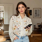 Damen nan weite Leinenhose mit hohem Bund, Palazzoschnitt und floraler Aquarell-Print R&B