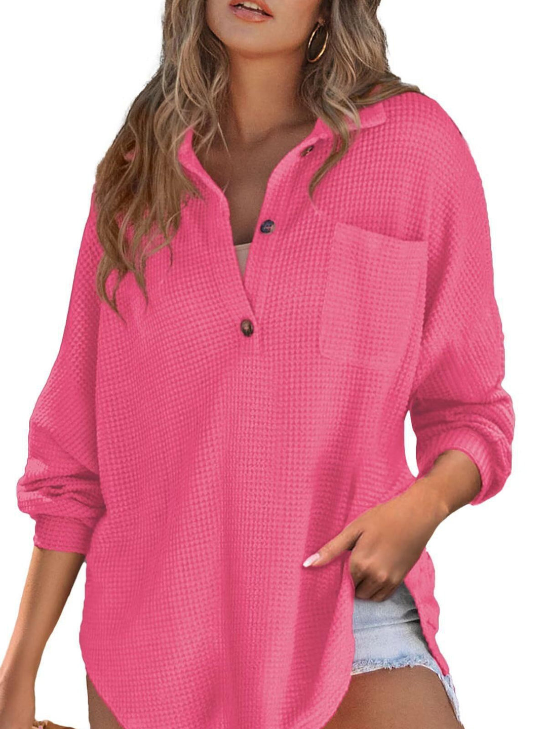 Damen Waffelstruktur Bluse mit Knopfleiste und Brusttasche R&B