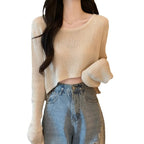 Damen Cropped Strickpullover mit feinem Gewemuster und lässigen Schulterpartien
