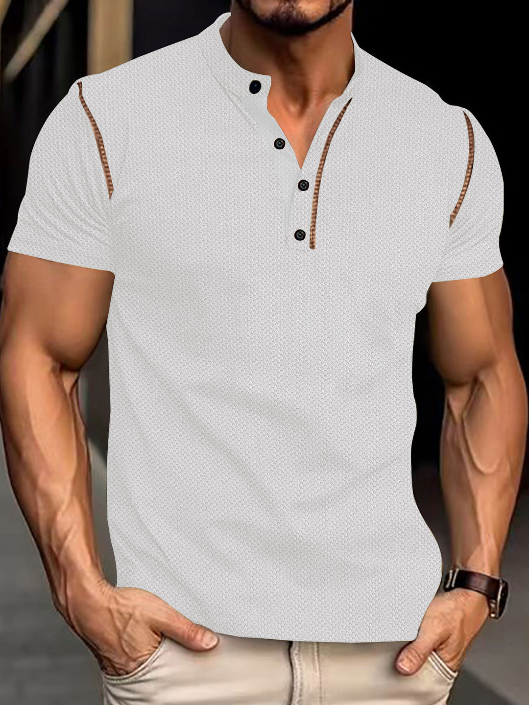 Herren nan tailliertes Struktur-Poloshirt mit Stehkragen und Zierpaspel R&B