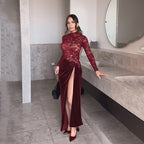 Damen Elegantes Maxi-Kleid mit Spitze und raffiniertem Taillengürtel R&B