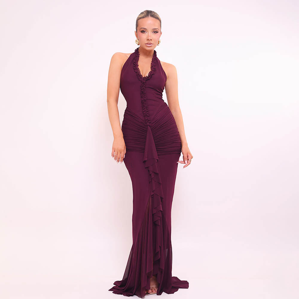 Damen Maxikleid mit tiefem V-Ausschnitt und elegantem Rüschendesign R&B