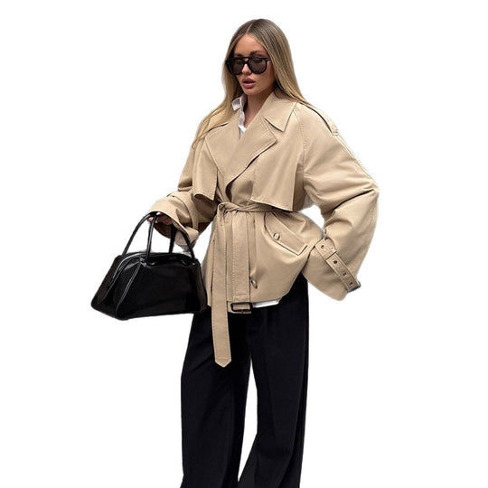Damen elegante Übergangsjacke mit weich fließendem Schnitt und Taillengürtel R&B