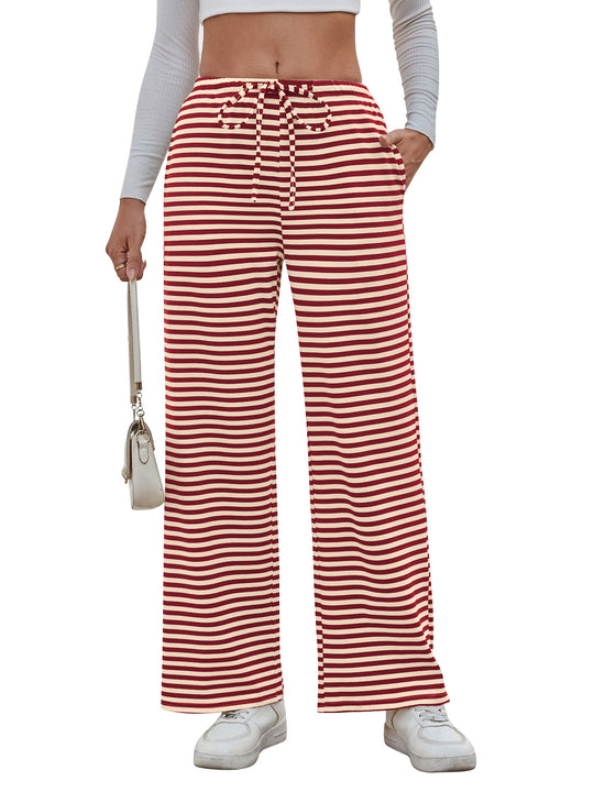 Damen weite Streifenhose mit elastischem Bund und Kordelzug R&B