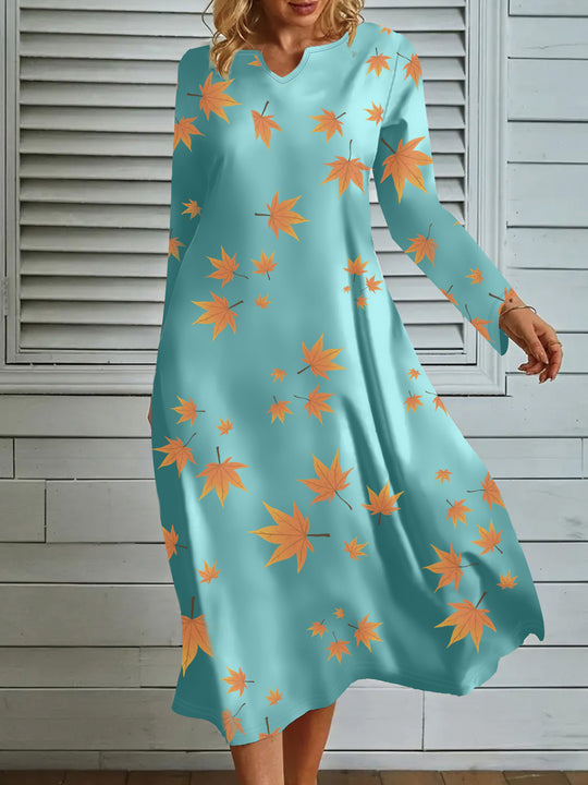 Damen Maxikleid mit V-Ausschnitt und herbstlichem Blattdesign R&B
