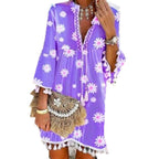 Damen Strandkleid mit floralen Motiven und Quastenverzierungen R&B