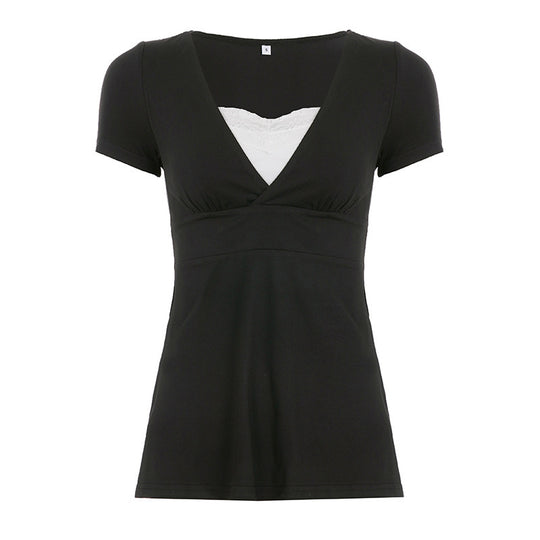 Damen V-Ausschnitt Shirt mit Rüschendetails und elastischem Bund R&B