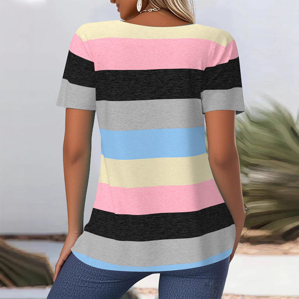 Damen T-Shirt mit modernem Streifenmuster und dekorativem Rundhalsausschnitt R&B
