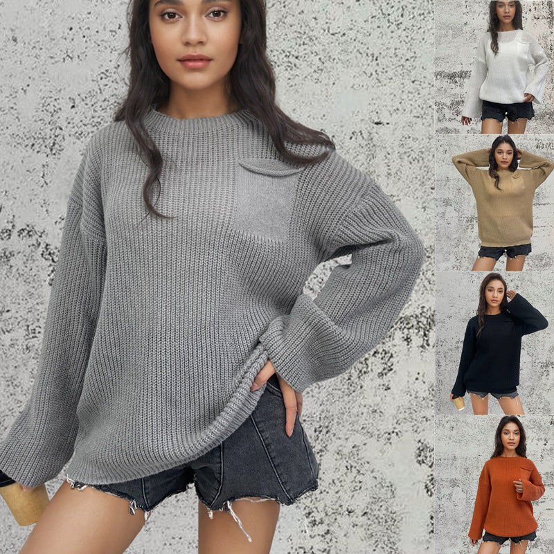 Damen Grob gestrickter Pullover mit lässigem Schnitt und praktischer Tasche R&B