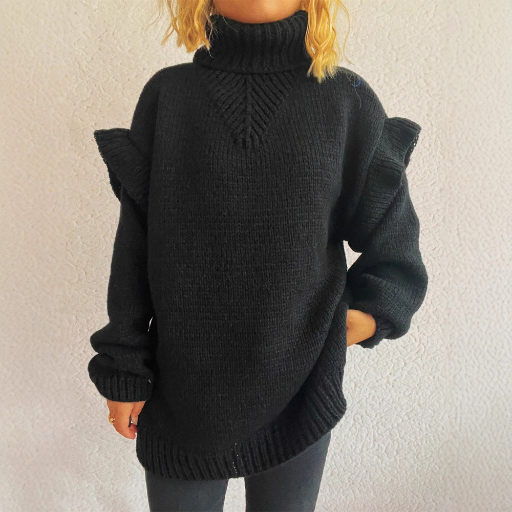 Damen kuscheliger Strickpullover mit Rüschenärmeln und hohem Kragen R&B