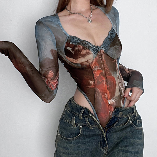 Damen Spitzen-Bodysuit mit verführerischem V-Ausschnitt und süßen Rüschendetails R&B