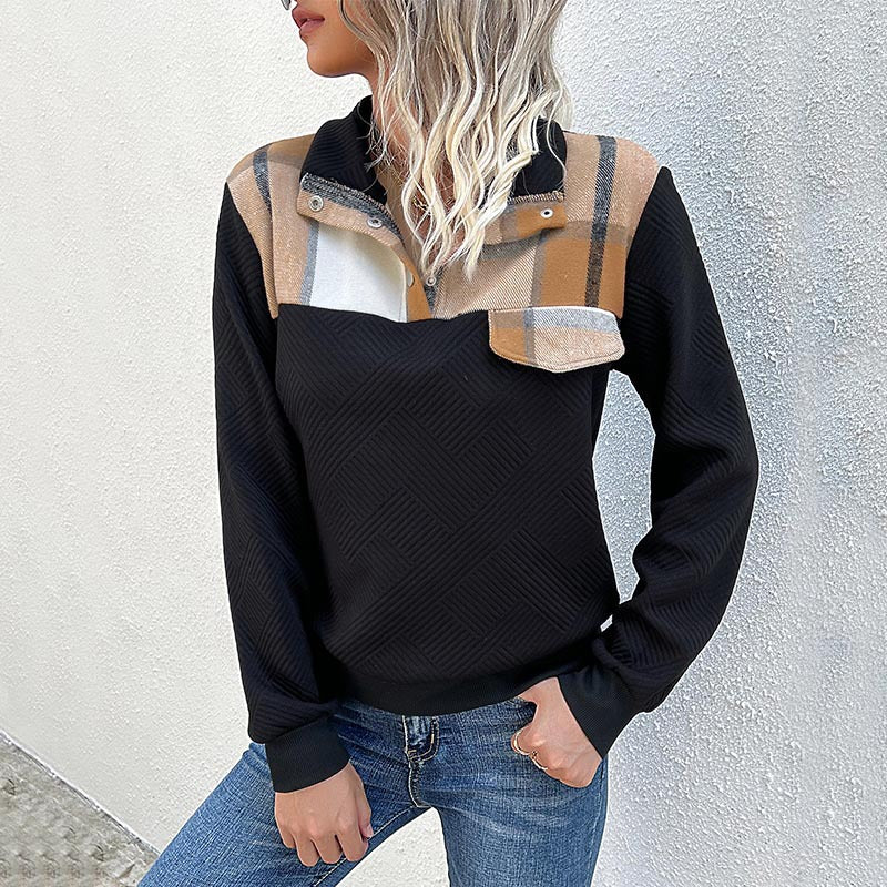 Damen lässiger Pullover mit modernem Kragen und dekorativem Patch R&B