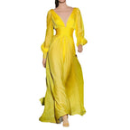 Damen Maxikleid mit tiefem V-Ausschnitt und Puffärmeln R&B