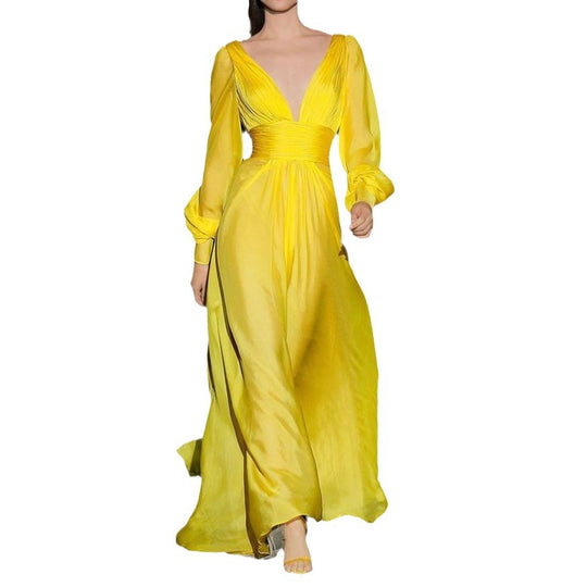 Damen Maxikleid mit tiefem V-Ausschnitt und Puffärmeln R&B