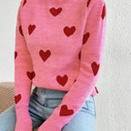 Damen nan kaschmirähnlicher Feinstrickpullover mit Allover-Herzmotiv, Rundhalsausschnitt und verlängerten Bündchen R&B