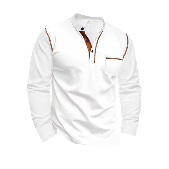 Herren nan Langarmshirt mit Mandarin-Kragen Brusttasche und Kontrastziernähten R&B