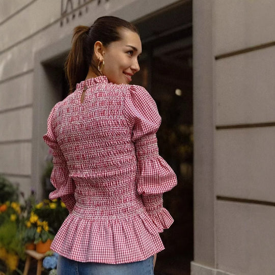Damen Rüschenbluse mit Gingham-Muster und eleganten Puffärmeln R&B