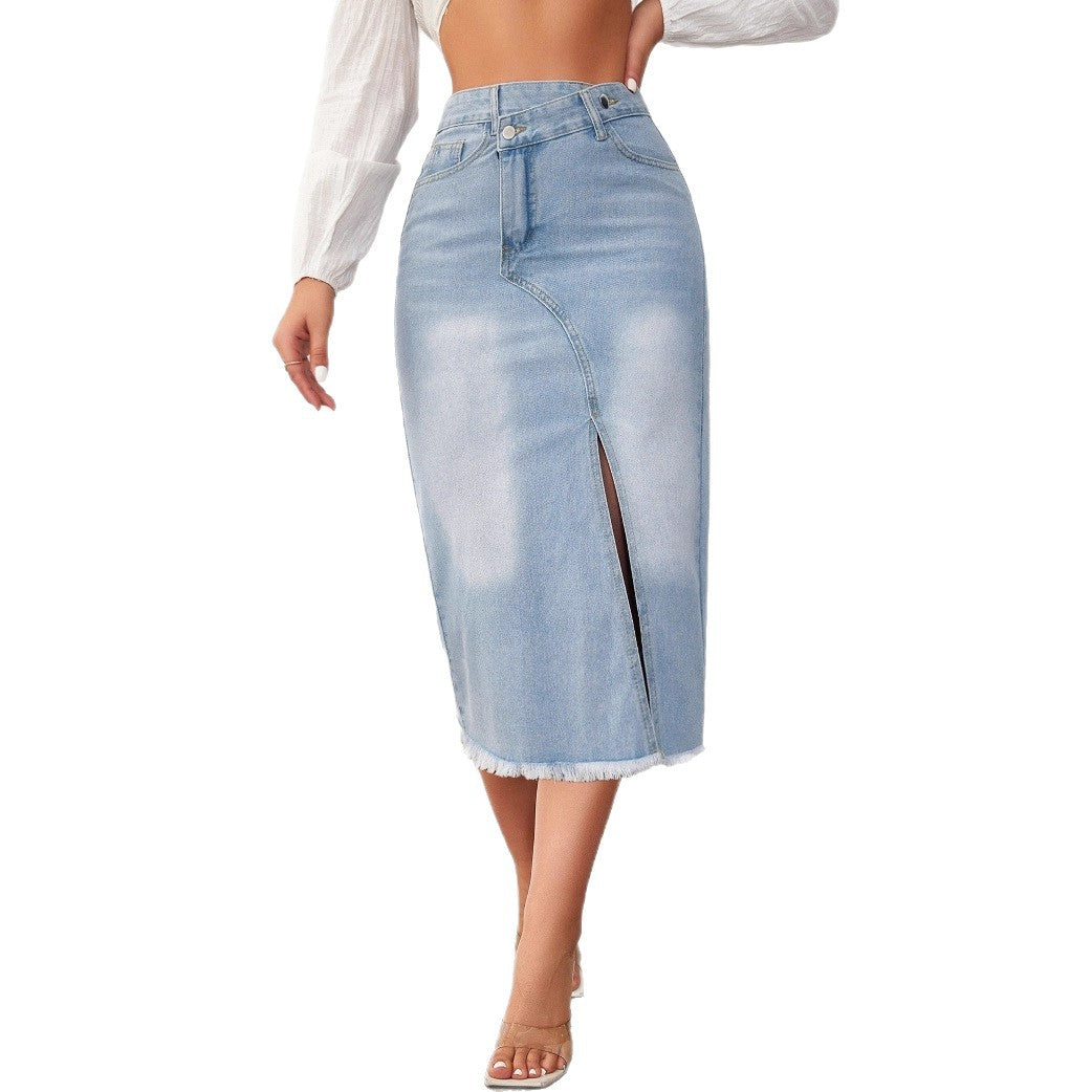 Damen Denim-Midi-Rock mit hohem Schlitz und ausgefranstem Saum R&B
