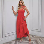 Damen Maxikleid im festlichen Boho-Stil mit schmalen Trägern und elastischem Oberteil R&B