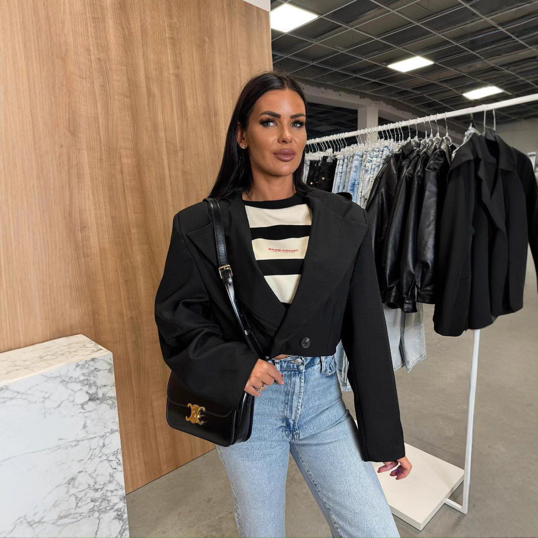 Damen Modische Jacke mit Kapuze und doppelter Knopfleiste R&B