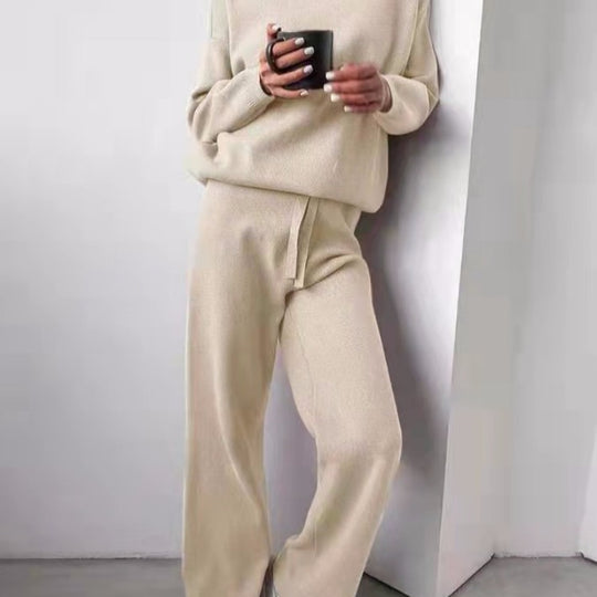 Damen kuscheliges Strick-Loungewear-Set mit weiten Hosen und elegantem Rundhalsausschnitt R&B