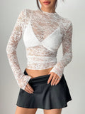 Damen nan figurbetontes transparentes Spitzen-Crop-Top mit hochgeschlossenem Kragen und integrierter Bustier-Form R&B