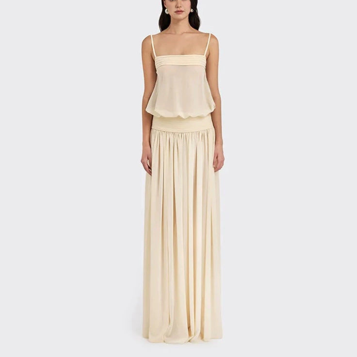 Damen Maxi-Kleid mit fließendem Chiffon-Oberteil und elastischem Bund R&B