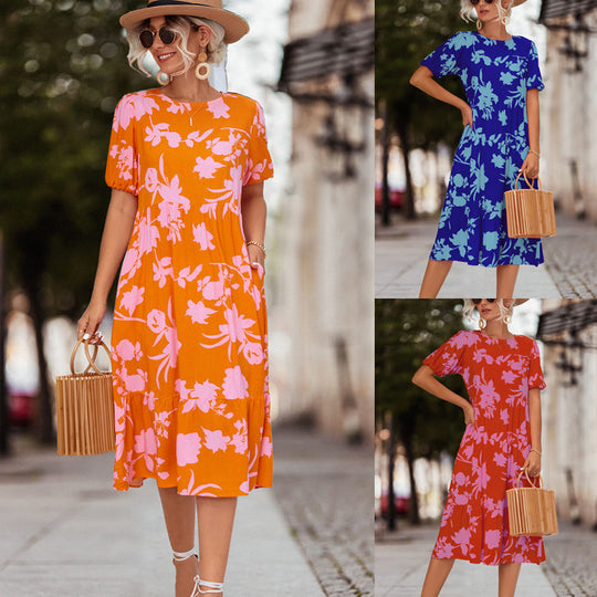 Damen Fließendes Maxikleid mit floralem Design und voluminösen Ärmeln R&B