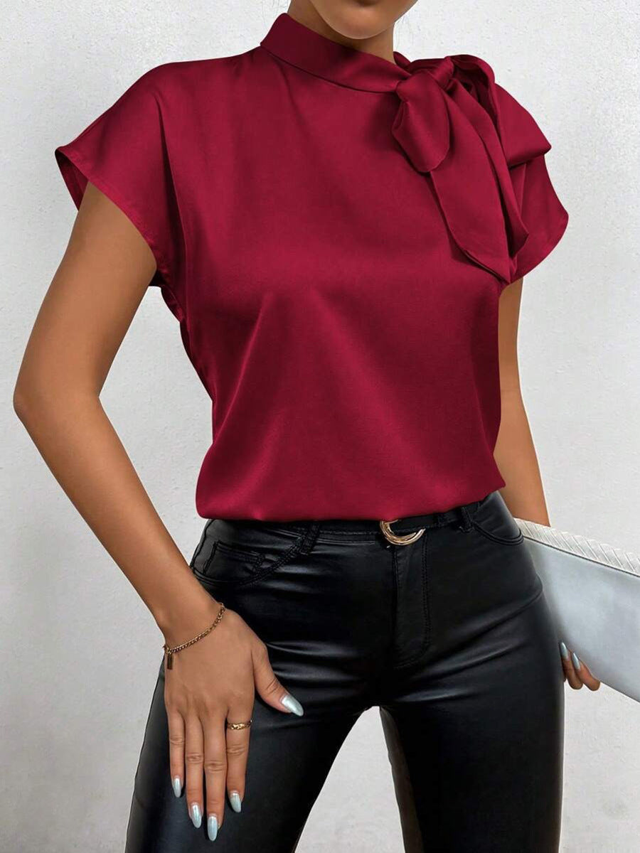 R&B | Satinbluse Kurzarm Hoher Kragen mit Schleife Eleganter Entspannter Schnitt