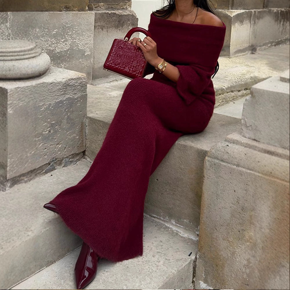 Damen Off-Shoulder Strickkleid mit weiten Ärmeln R&B