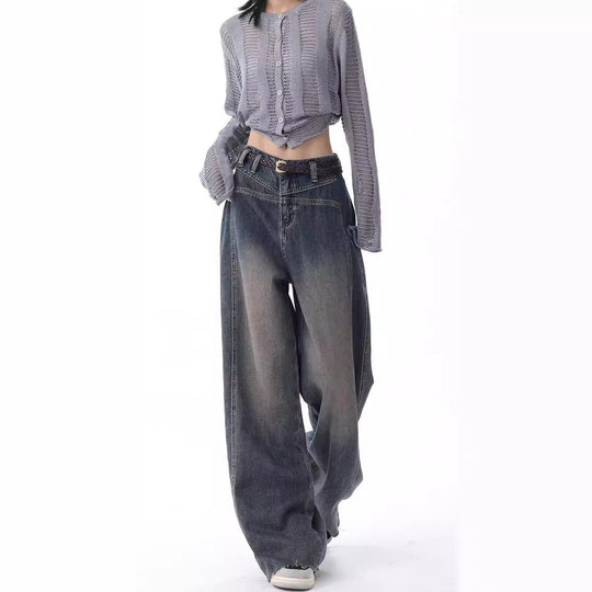 Damen Weite High-Waist Jeans mit lässigen Falten und modischem Design R&B