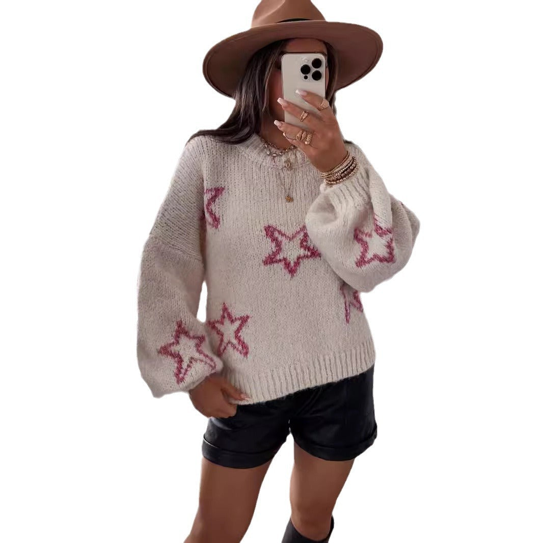 Damen Strickpullover mit Sternen-Design und weit ausgestellten Ärmeln R&B