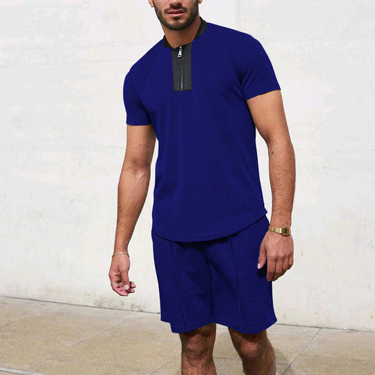 Herren Sportliches Kurzarm-T-Shirt mit Reißverschluss und Joggingshorts R&B