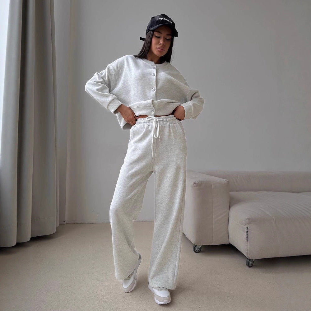 Damen Komfortables Lounge-Set mit Knopfdetails und elastischen Bündchen R&B