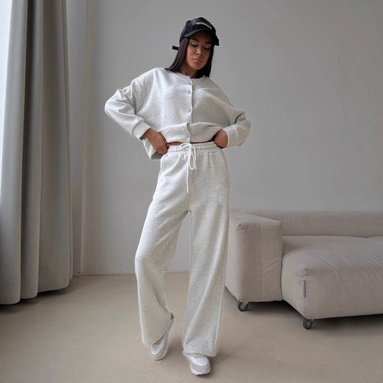 Damen Komfortables Lounge-Set mit Knopfdetails und elastischen Bündchen R&B
