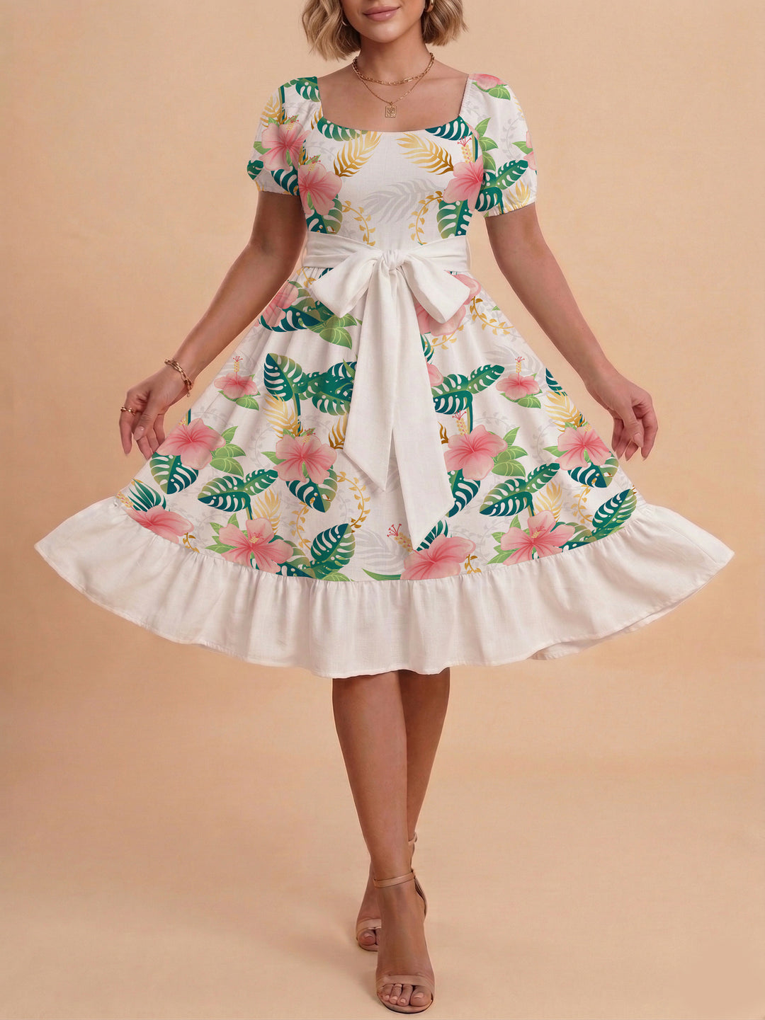 Damen modernes Blumenkleid mit elegantem Taillengürtel und asymmetrischem Saum R&B
